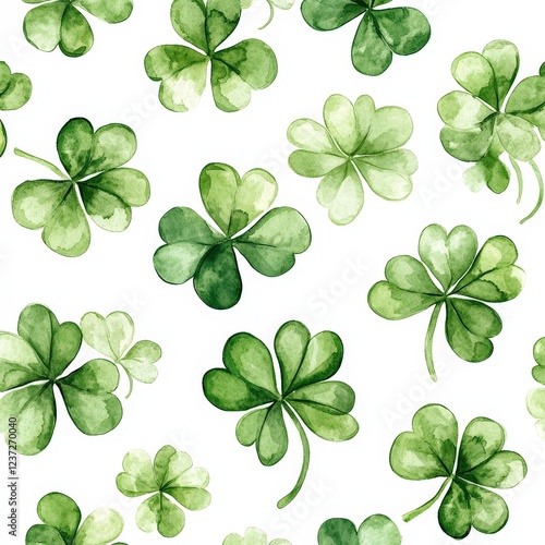 A seamless watercolor shamrock pattern on a white background. Ideal for festive decorations, St. Patrick's Day, and Irish-themed designs.