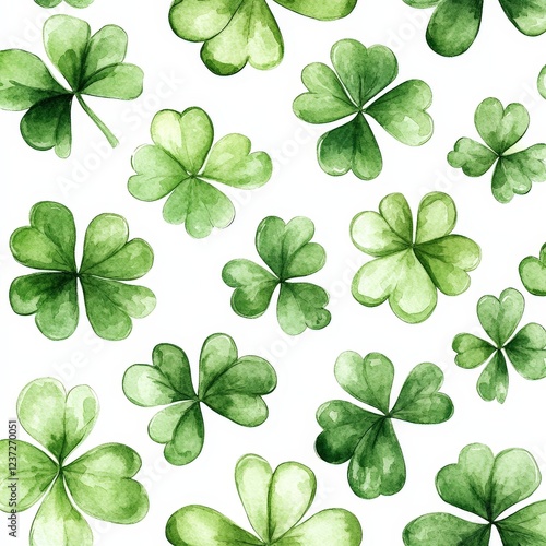 A seamless watercolor shamrock pattern on a white background. Ideal for festive decorations, St. Patrick's Day, and Irish-themed designs.