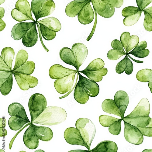 A seamless watercolor shamrock pattern on a white background. Ideal for festive decorations, St. Patrick's Day, and Irish-themed designs.