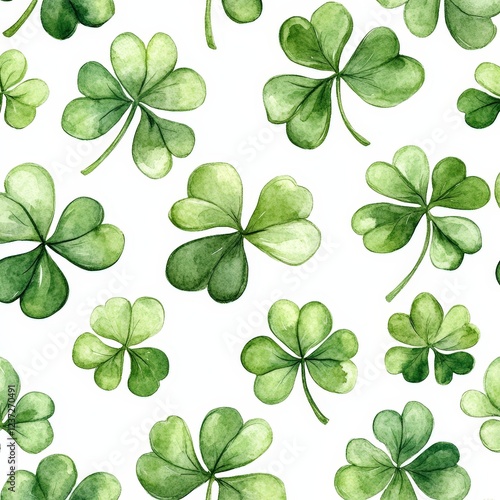 A seamless watercolor shamrock pattern on a white background. Ideal for festive decorations, St. Patrick's Day, and Irish-themed designs.