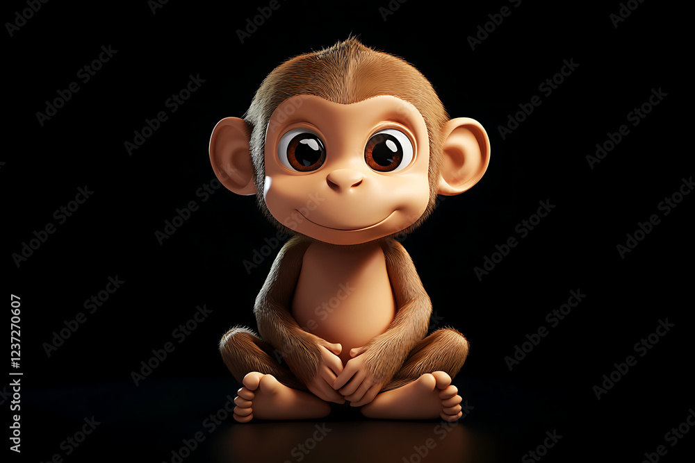 Naklejka premium monkey on a black background, monkey on a blank black background, a monkey, monkey, cute monkey, black background, copy space for add text, 3d rendering, 3d, vector, AI generative