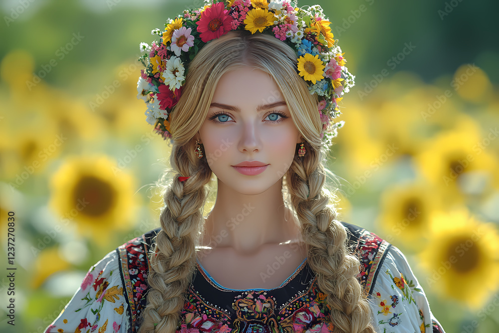 A beautiful model with long blond hair wearing a headpiece and costume, surrounded by common sunflowers in nature. A beautiful model with long blond hair wearing a headpiece and costume, surrounded by common sunflowers in nature.