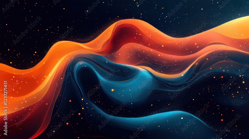Abstract flowing waves of orange and blue against a starry night background Abstract flowing waves of orange and blue against a starry night background