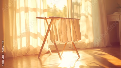 A side view of a clothes drying rack in a spacious room with clothes hanging neatly, bathed in warm, golden sunlight, symbolizing a well-kept home