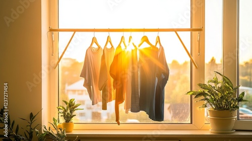 A side view of a clothes drying rack in a spacious room with clothes hanging neatly, bathed in warm, golden sunlight, symbolizing a well-kept home