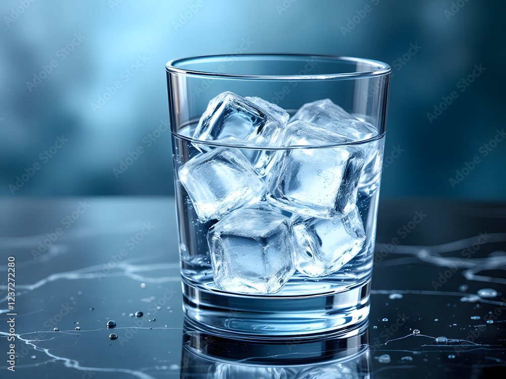 A glass of water with a large ice cube, showcasing clarity and refreshment with a frosty, glistening appeal. A glass of water with a large ice cube, showcasing clarity and refreshment with a frosty, glistening appeal.