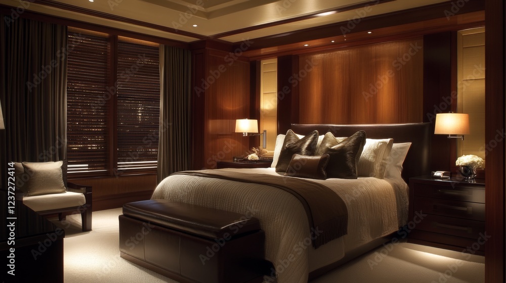 A sophisticated, minimalist bedroom with a large bed framed by polished wood, elegant lighting fixtures, and rich textures like leather and velvet throughout A sophisticated, minimalist bedroom with a large bed framed by polished wood, elegant lighting fixtures, and rich textures like leather and velvet throughout