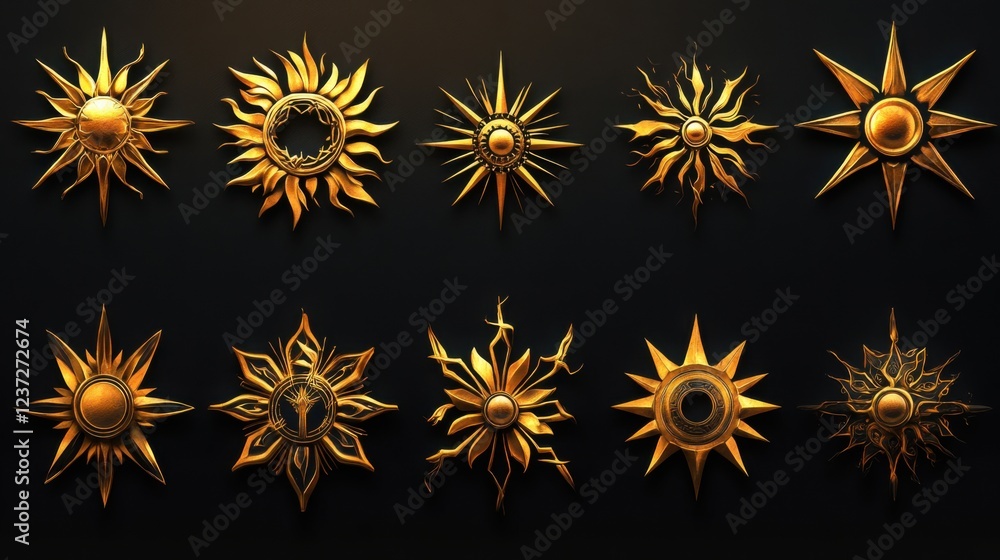 Set of ten unique golden sun emblems with intricate designs on dark background Set of ten unique golden sun emblems with intricate designs on dark background