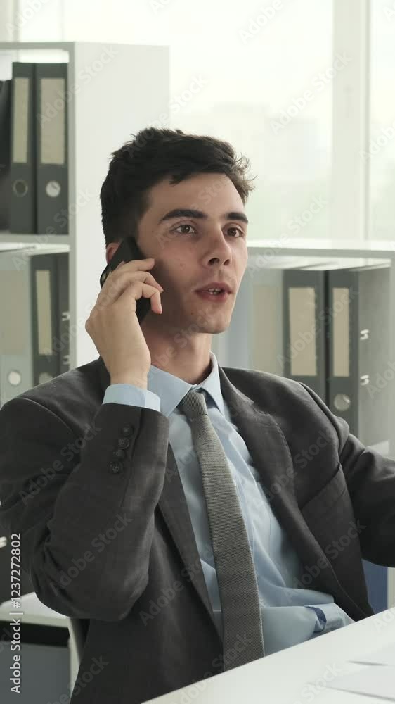 Positive young adult Caucasian businessman using phone for call with friends, resting during work break in the office. Vertical video. Positive young adult Caucasian businessman using phone for call with friends, resting during work break in the office. Vertical video.