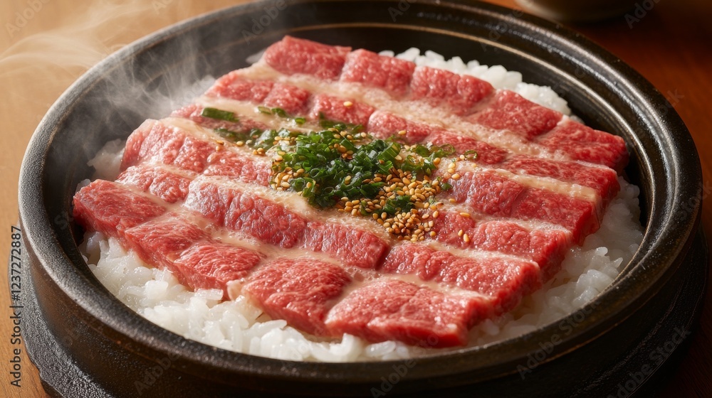 A steaming bowl of white rice topped with thinly sliced, tender beef in a flavorful sauce, garnished with fresh herbs and a sprinkle of sesame seeds, creating a warm, inviting look A steaming bowl of white rice topped with thinly sliced, tender beef in a flavorful sauce, garnished with fresh herbs and a sprinkle of sesame seeds, creating a warm, inviting look