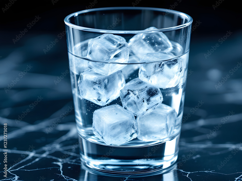 A glass of water with a large ice cube, showcasing clarity and refreshment with a frosty, glistening appeal. A glass of water with a large ice cube, showcasing clarity and refreshment with a frosty, glistening appeal.