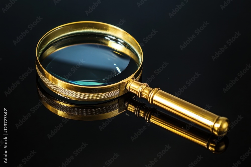 A Golden Magnifying Glass Reflects on Dark Surface