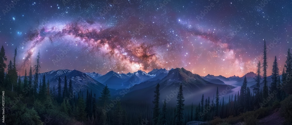 Fototapeta premium Celestial Symphony: Mesmerizing Star Trails Paint the Night Sky Over Majestic Forested Mountain Range