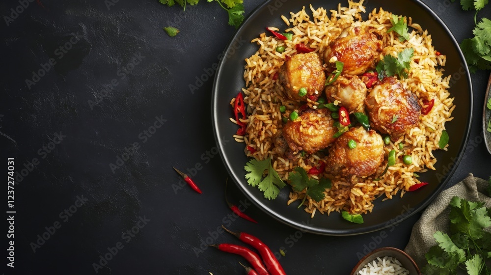 A top-down view of a well-presented plate of fried chicken on a bed of rice, with a touch of chili and fresh herbs, captured with soft natural lighting A top-down view of a well-presented plate of fried chicken on a bed of rice, with a touch of chili and fresh herbs, captured with soft natural lighting