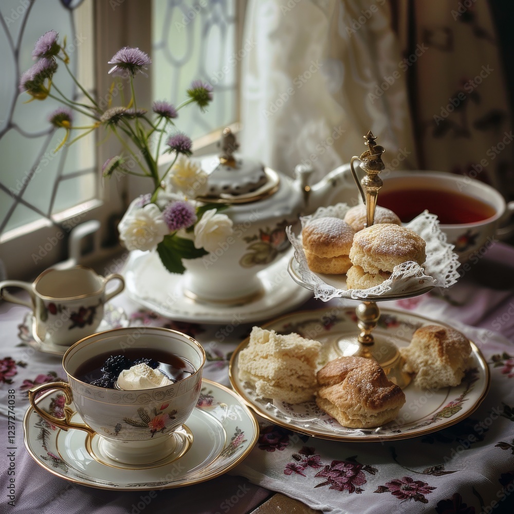 Elegant English Afternoon Tea Setup with Teacups, Teapots, and Pastries on Table Elegant English Afternoon Tea Setup with Teacups, Teapots, and Pastries on Table