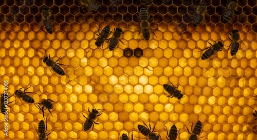 Close up view of the working bees on honey cells photo