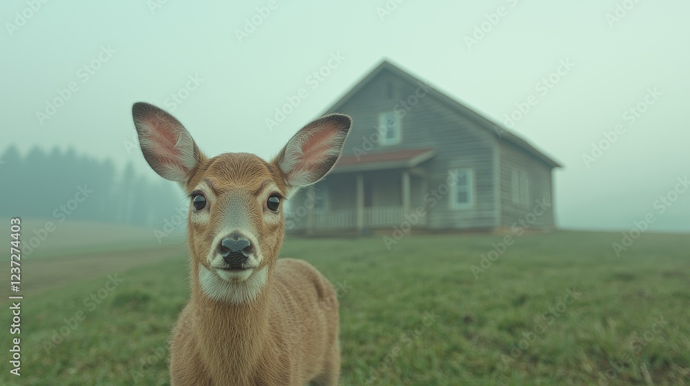 Fototapeta premium Curious deer, foggy field, old farmhouse, rural scene, nature