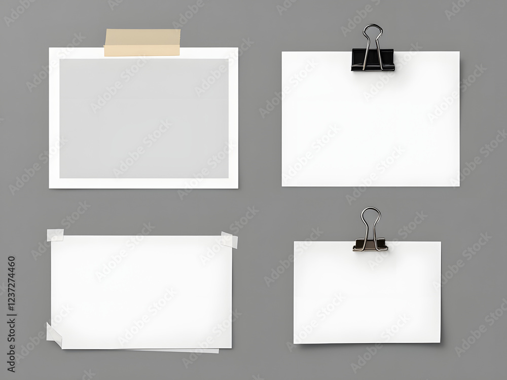 Four blank papers clipped and pinned on a grey background.