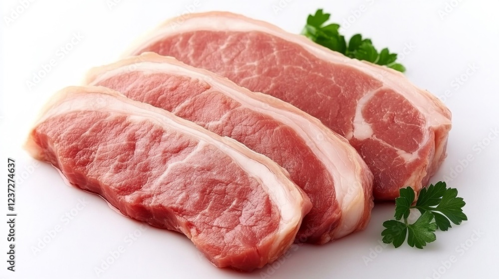 A variety of fresh pork cuts displayed on a clean surface, with visible fat lines and a glossy appearance, capturing the freshness of the meat A variety of fresh pork cuts displayed on a clean surface, with visible fat lines and a glossy appearance, capturing the freshness of the meat