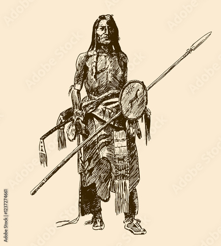 Standing Sioux buffalo hunter holding spear and shield after antique illustration from 19th century