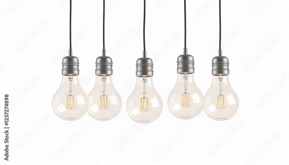 Minimalist 3D Rendering of Suspended Light Bulbs on a White Canvas Minimalist 3D Rendering of Suspended Light Bulbs on a White Canvas