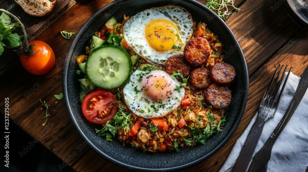 A vibrant plate of American fried rice with eggs, sausage, and vegetables, garnished with a slice of cucumber and tomato, set on a wooden table