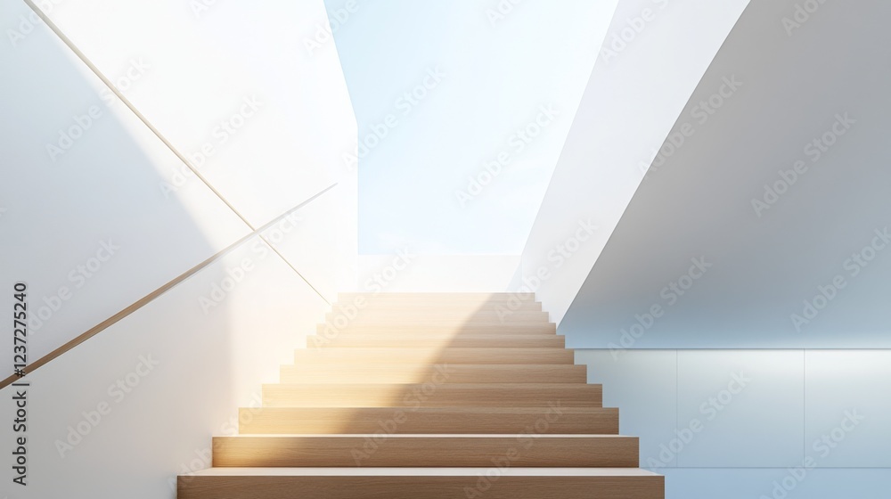 A view from the bottom of a sleek, modern staircase with a minimalist design, white walls, and light wood steps leading up A view from the bottom of a sleek, modern staircase with a minimalist design, white walls, and light wood steps leading up