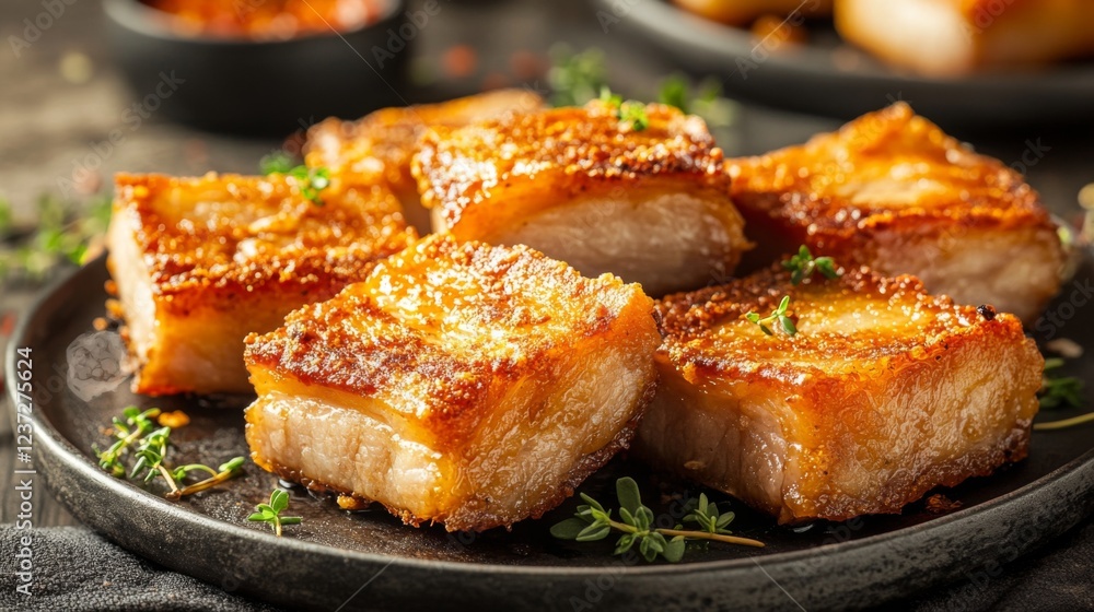 A wide shot of crispy fried pork belly pieces drizzled with savory fish sauce, placed on a rustic plate with a hint of fresh herbs, captured with soft lighting A wide shot of crispy fried pork belly pieces drizzled with savory fish sauce, placed on a rustic plate with a hint of fresh herbs, captured with soft lighting