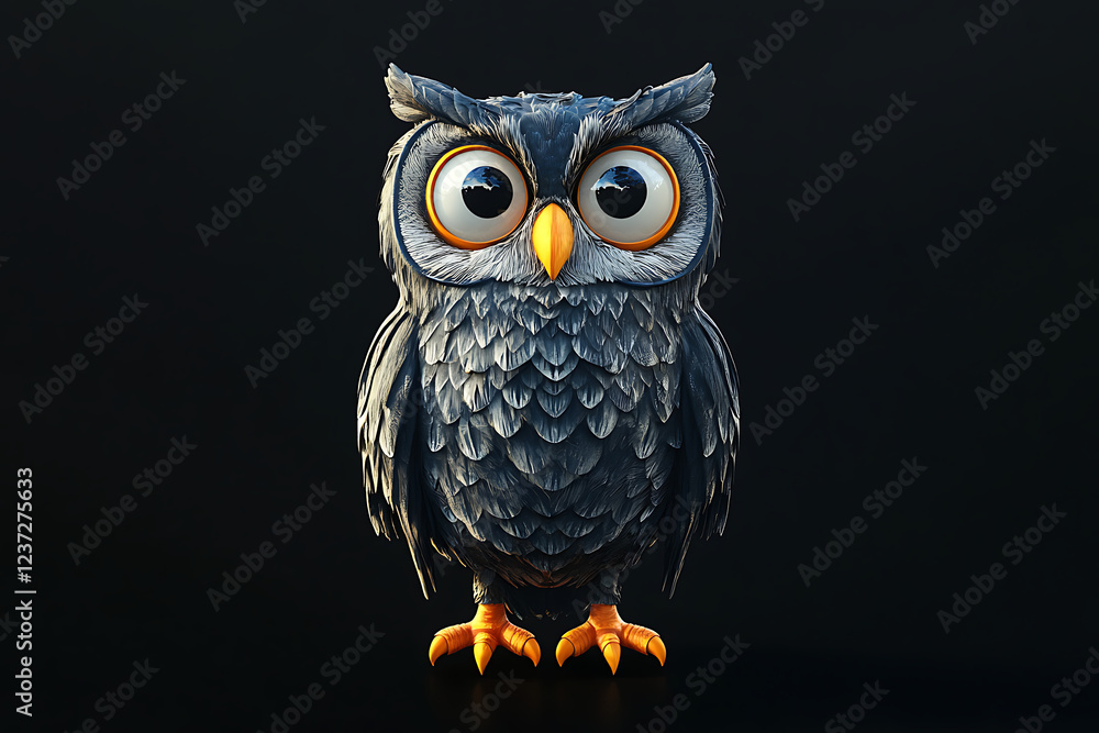 Obraz premium owl on a black background, owl on a blank black background, a owl, owl, cute owl, black background, copy space for add text, 3d rendering, 3d, vector, AI generative