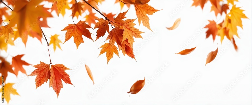 Fototapeta premium Dynamic Autumn Maple Leaves in Mid-Air Against a white Background