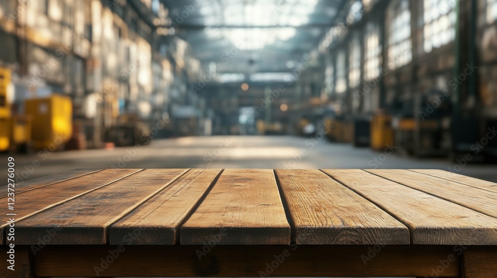 Rustic wooden table in a sunlit industrial warehouse setting Rustic wooden table in a sunlit industrial warehouse setting