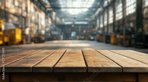 Wallpaper Mural Rustic wooden table in a sunlit industrial warehouse setting Torontodigital.ca