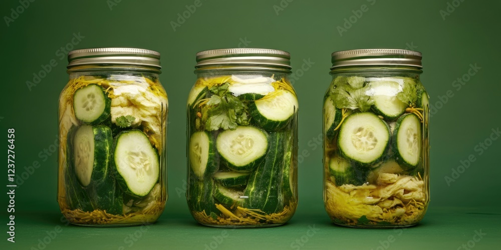 Three glass jars with pickled cucumbers in brine, likely made from fresh, whole cucumbers for a tangy, crunchy snack or garnish. Three glass jars with pickled cucumbers in brine, likely made from fresh, whole cucumbers for a tangy, crunchy snack or garnish.