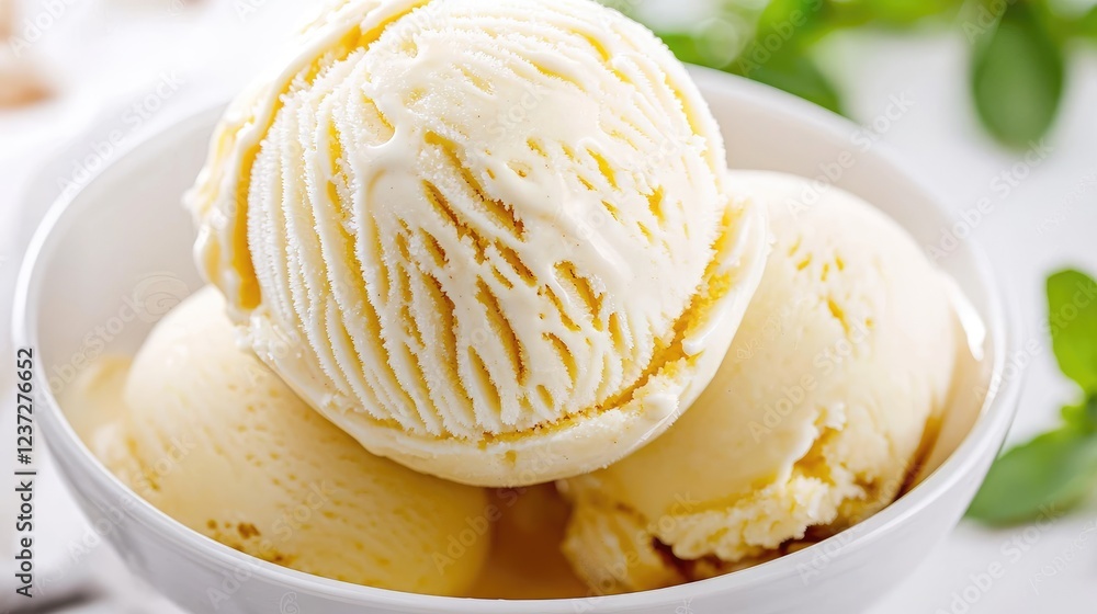 Creamy vanilla ice cream scoops in bowl Creamy vanilla ice cream scoops in bowl