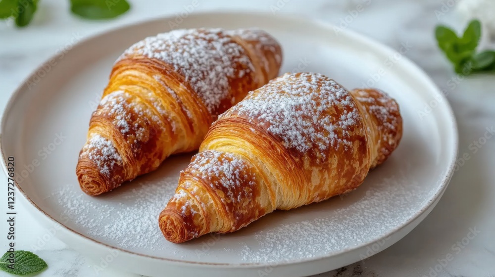 Freshly baked croissants on a plate with powdered sugar, close-up, flaky and golden brown Freshly baked croissants on a plate with powdered sugar, close-up, flaky and golden brown