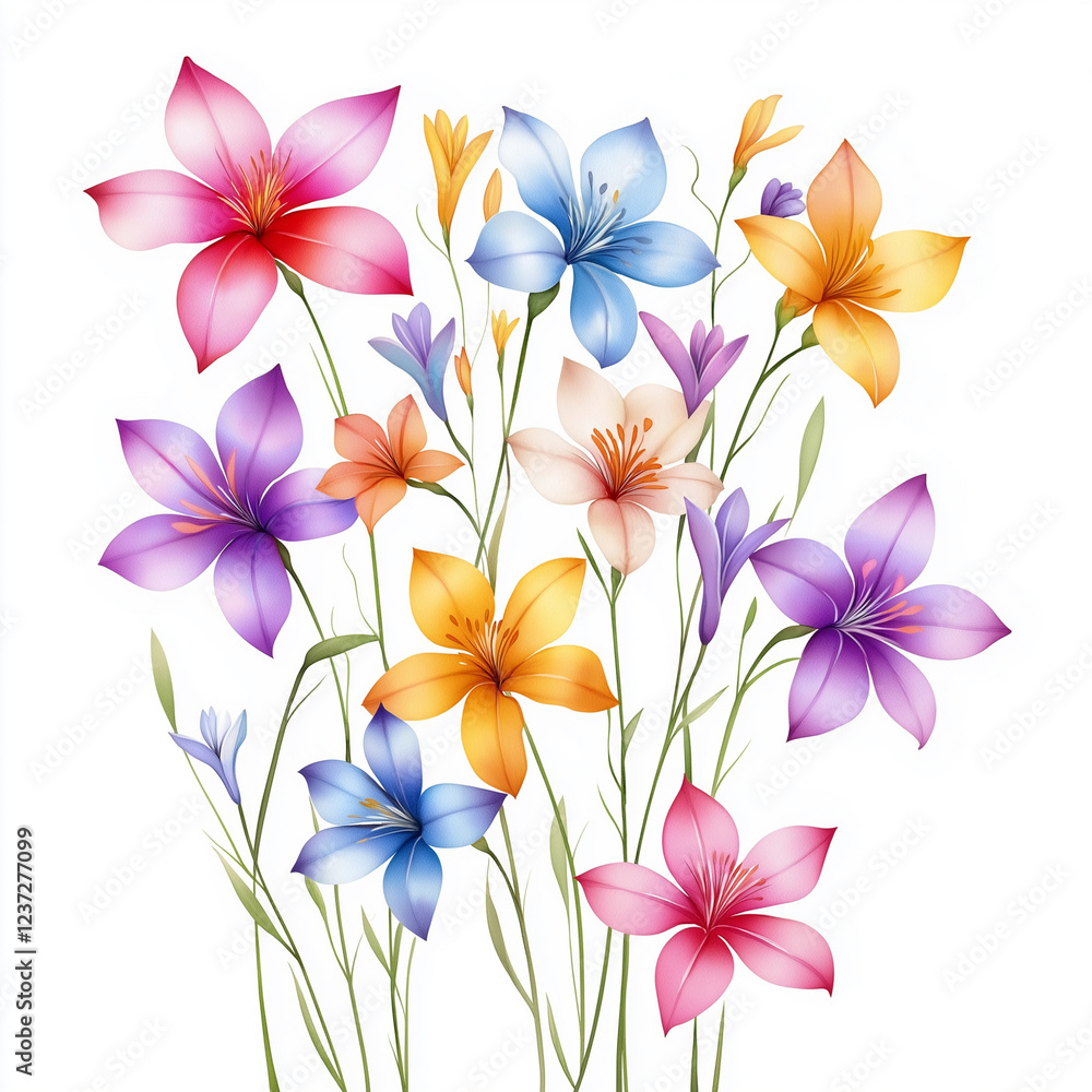 Watercolor botanical illustration of ixia flowers, dense arrangement, high resolution on white background