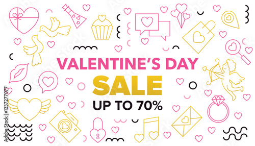 Happy Valentines Day Sale Line Banner. Vector Illustration of Outline and Contour Style. Love Romance. Seasonal Greetings. Discount Up to 70 percent Promotion. Heart Linear Objects.