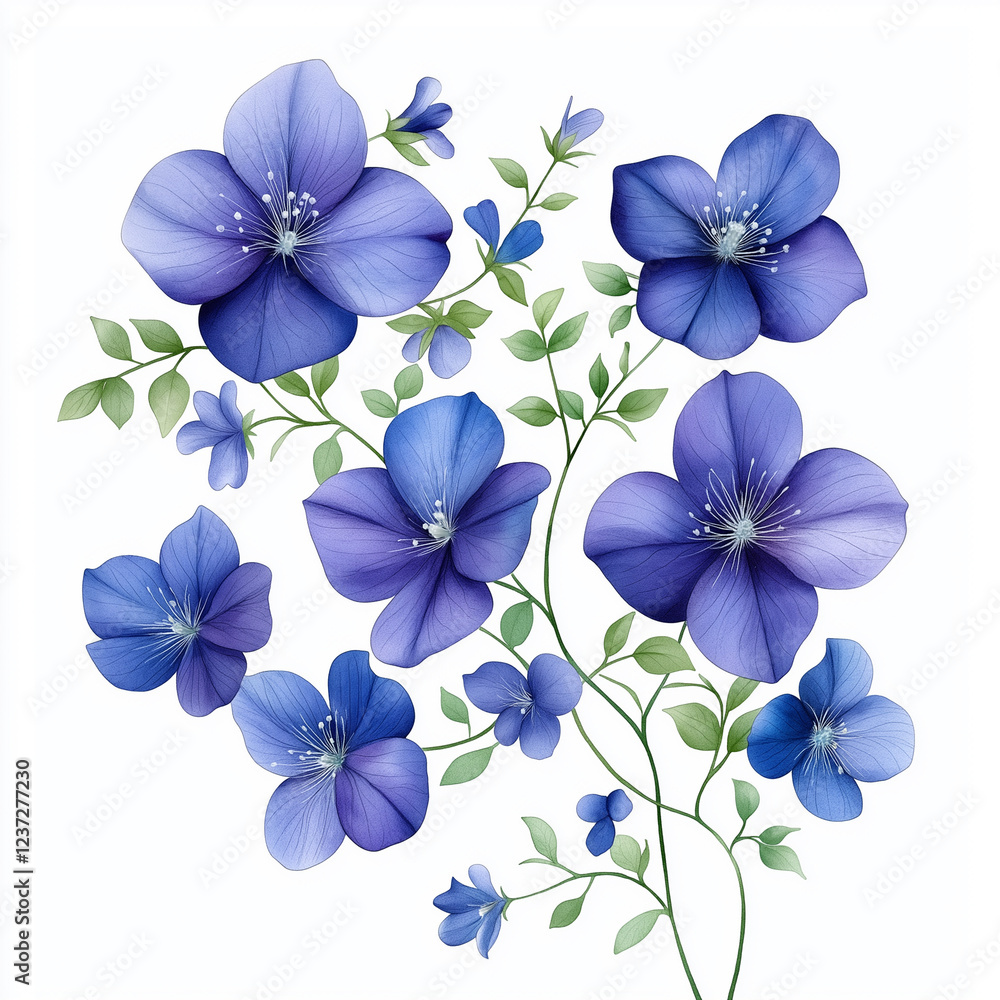 Fototapeta premium Watercolor botanical illustration of Jacob's ladder flowers, dense arrangement, high resolution on white background