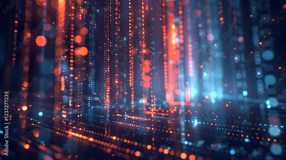 Fototapeta premium Abstract digital background with glowing lines and particles in blue and orange hues.