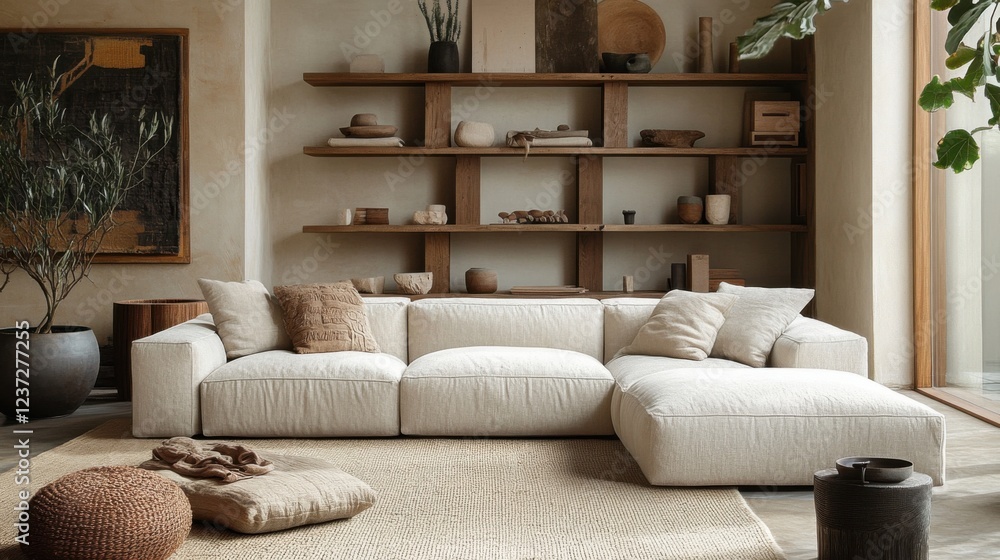 Obraz premium Cozy modern living room with minimalist decor and neutral tones