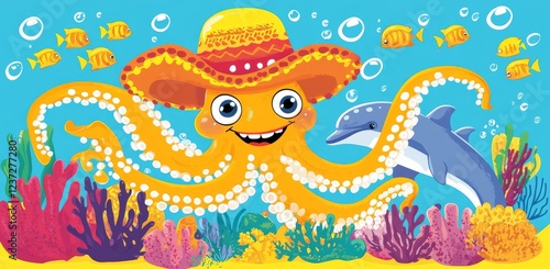 A playful octopus donning a hat amidst a colorful coral reef photo