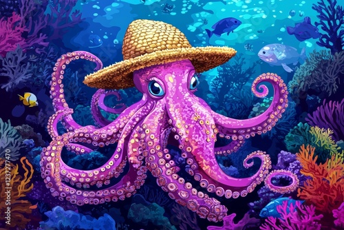 A cheerful octopus donning a summer hat in the sea photo