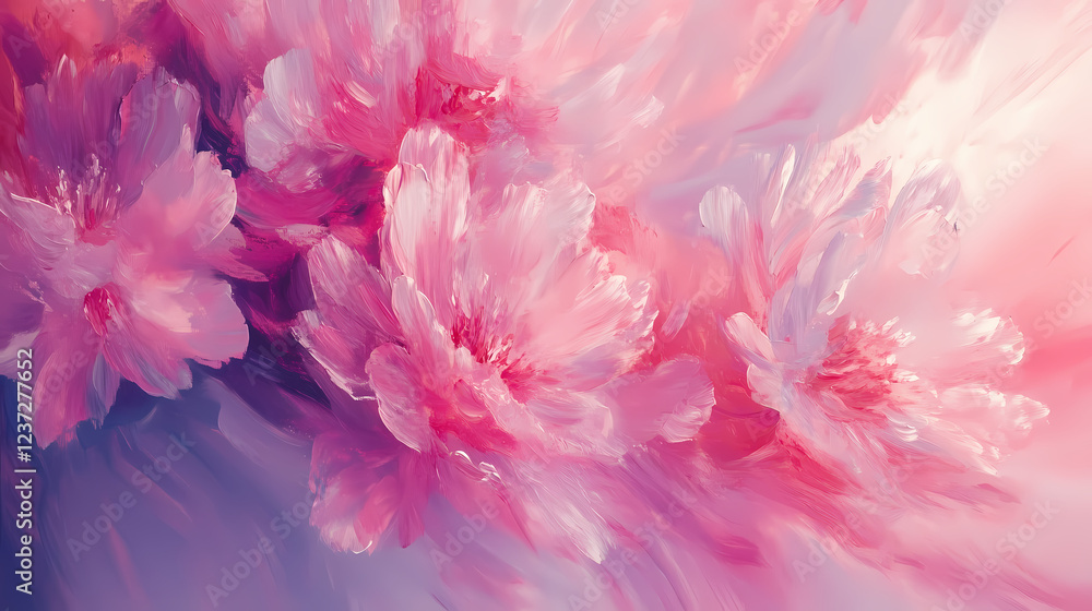 Pastel pink floral explosion, abstract summer flowers, canvas oil painting, soft and dreamy texture, soft light glowing around the flowers, impressionist technique. Floral Explosion. Illustration Pastel pink floral explosion, abstract summer flowers, canvas oil painting, soft and dreamy texture, soft light glowing around the flowers, impressionist technique. Floral Explosion. Illustration