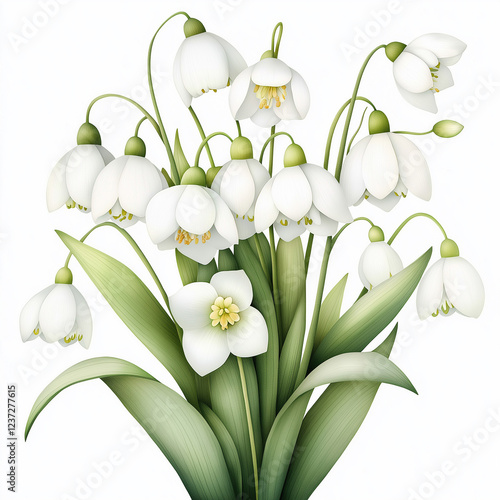 Watercolor botanical illustration of leucojum flowers, dense arrangement, high resolution on white background photo