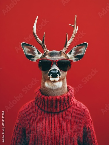 Photoshopped deer head wearing sunglasses and red knit sweater on a festive background.
