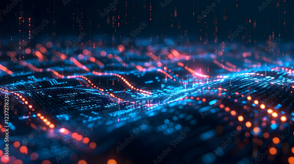 Abstract digital landscape with glowing lines and particles, representing data and technology. Abstract digital landscape with glowing lines and particles, representing data and technology.