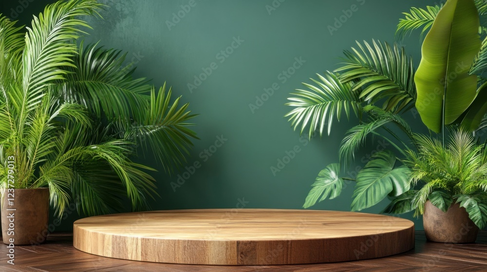 Elegant wooden platform in lush tropical setting with green plants and natural lighting Elegant wooden platform in lush tropical setting with green plants and natural lighting