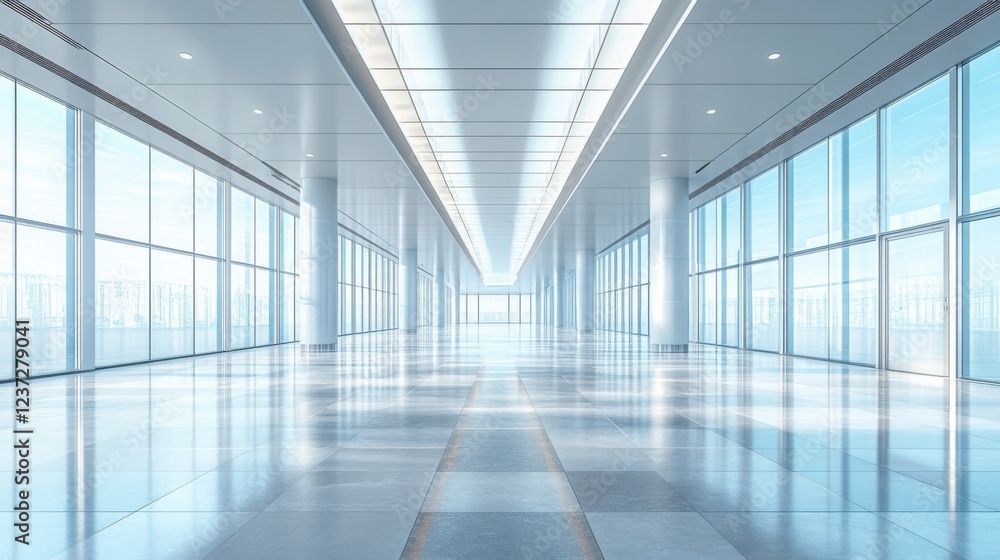 Modern glass-covered hallway with polished floors and natural lighting in a spacious architecture design Modern glass-covered hallway with polished floors and natural lighting in a spacious architecture design