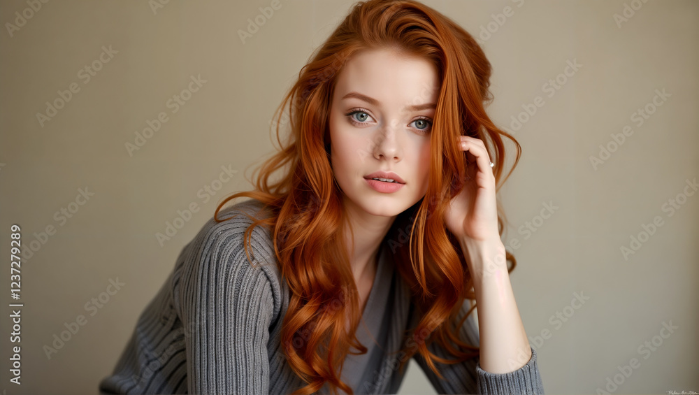 Fototapeta premium Modelo pelirroja piel blanca ojos verdes