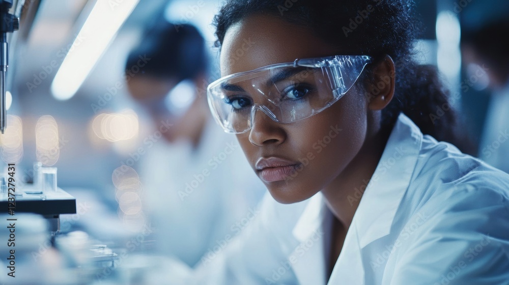 Working in a bright, advanced scientific laboratory, a young black female scientist wearing protective eyewear conducts innovative research with a focused expression Working in a bright, advanced scientific laboratory, a young black female scientist wearing protective eyewear conducts innovative research with a focused expression